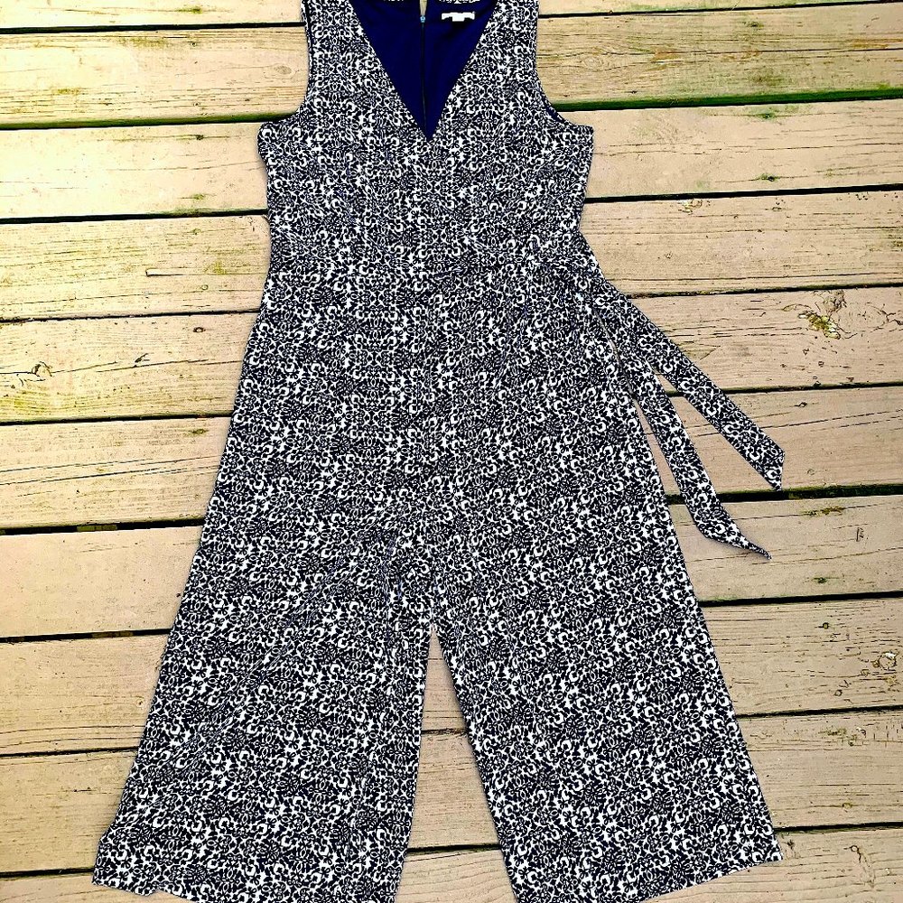 Cato Cropped Pattern Navy & Beige Jumpsuit